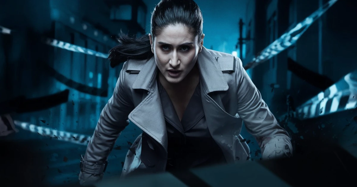 Kareena Kapoor Khan as a fierce detective in a dark, moody urban landscape, sharp focus on her intense gaze, wearing a stylish trench coat, surrounded by crime scene elements like police tape and shadows of city buildings at night, deep blues and grays contrasting with her vibrant appearance.