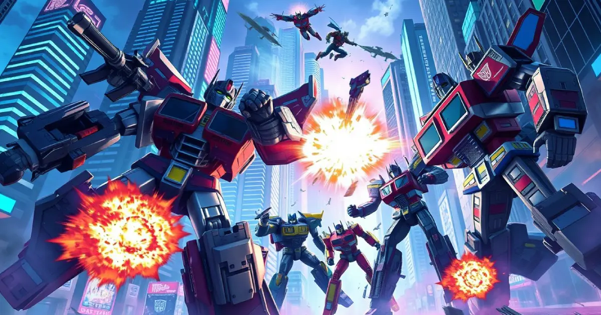 Iconic Transformers battle and transform amidst explosions and dramatic lighting in a vibrant, futuristic cityscape with towering skyscrapers and neon lights.