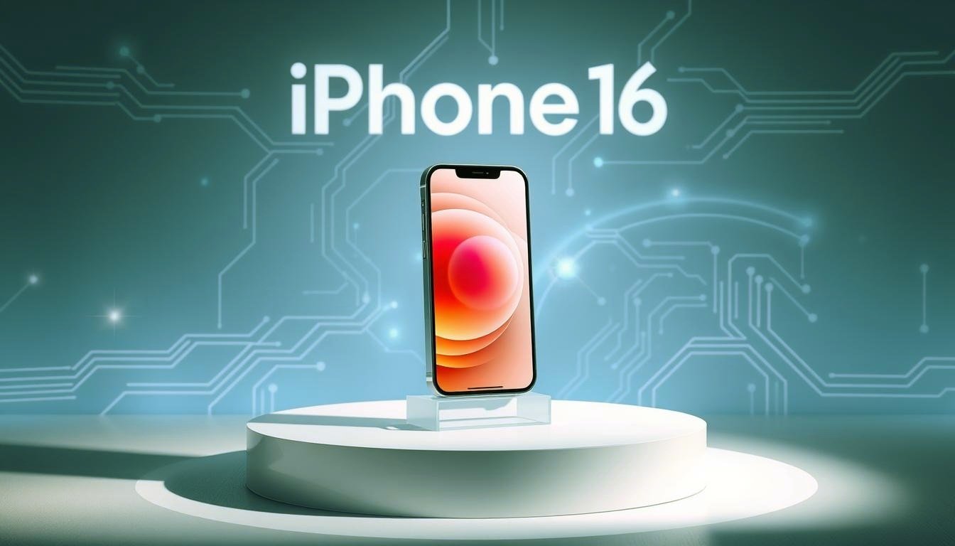 A futuristic smartphone display featuring the iPhone 16, elegantly showcased on a modern pedestal with an abstract background representing innovation. The scene highlights the sleek design and advanced features of the device, surrounded by hints of technology like circuit patterns and glowing digital elements. Soft lighting emphasizes the premium materials and craftsmanship, while shadows add depth to the composition.