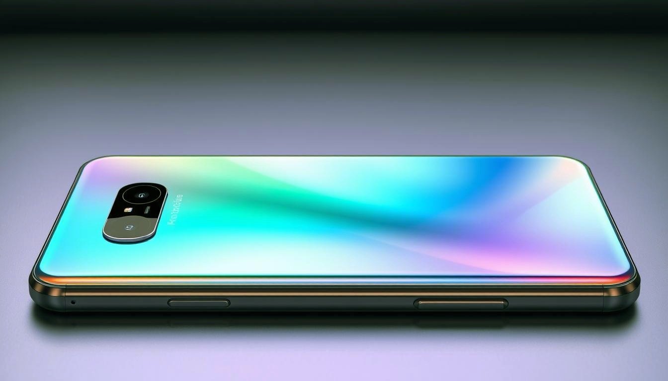 Futuristic smartphone design featuring sleek edges, a vibrant edge-to-edge display, innovative camera placements, and a luminous color palette. Include a metallic finish with a touch of glass and high-tech materials, showcasing advanced features like integrated sensors and seamless connectivity. Display in a modern, minimalistic setting that emphasizes elegance and cutting-edge technology.